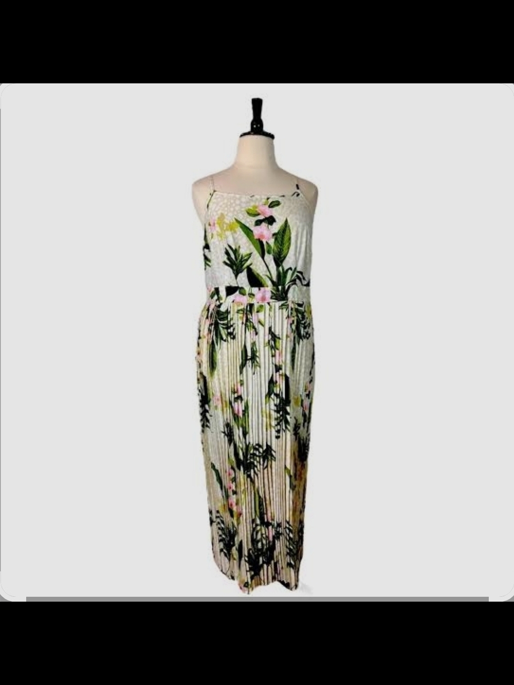 Mlle Gabrielle🌞 White Floral Pleated Maxi Dress with Pink and Green Accents🌞